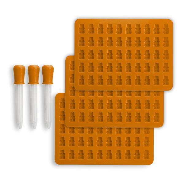 Deal Society Silicone Gummy Bear Mold 3 Pack includes three BPA free, FDA approved silicone molds and three plastic droppers with orange rubber tops, all displayed on a white background.